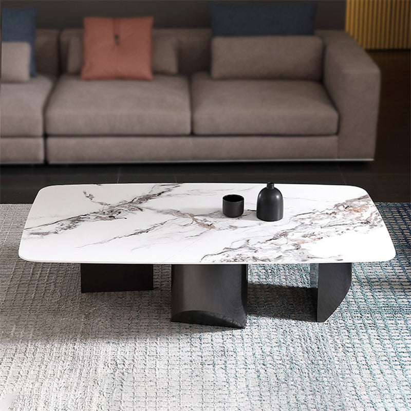 Glam White Coffee Table with 3 Black Steel Legs and Stone Top