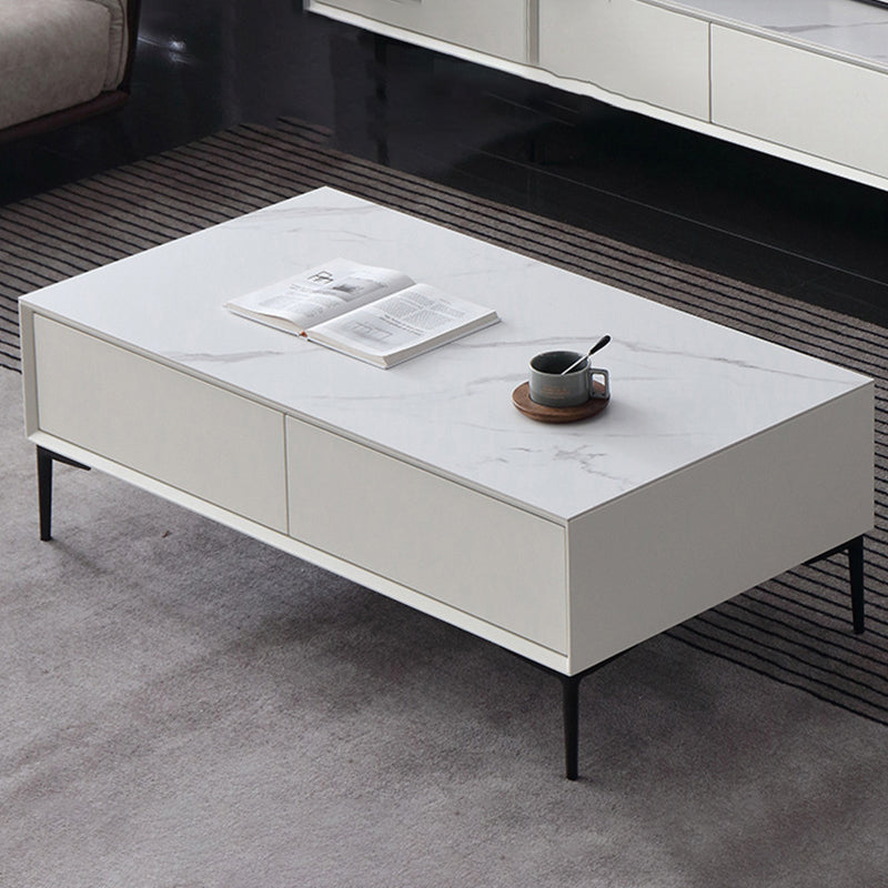 Glam Rectangle White Coffee Table with 4 Drawers and 4 Metal Legs