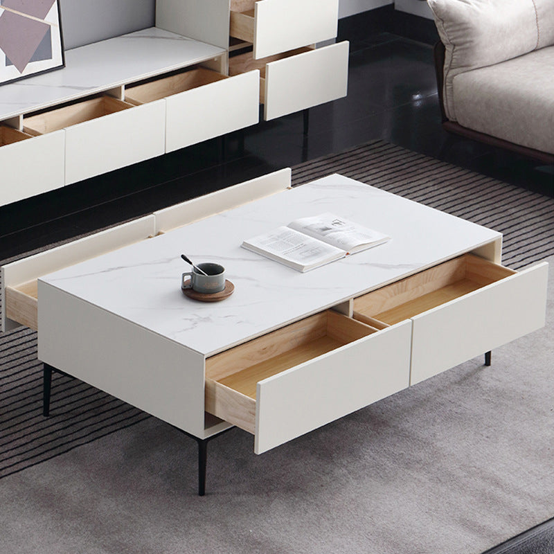 Glam Rectangle White Coffee Table with 4 Drawers and 4 Metal Legs