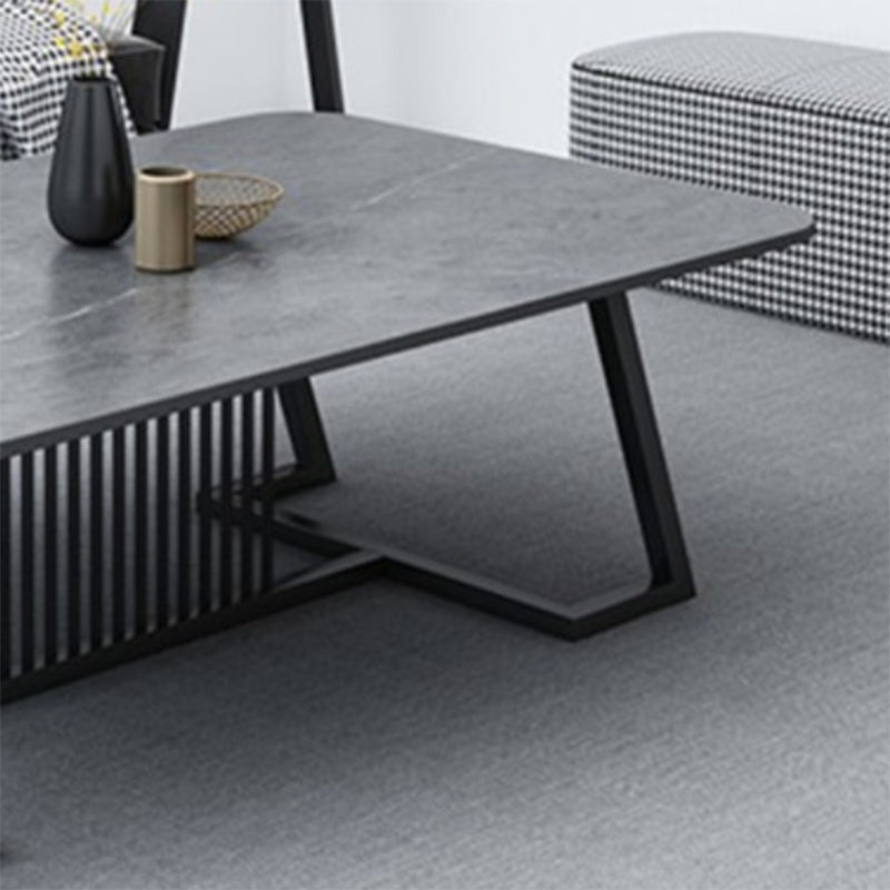 Rectangle Stone Top Coffee Table with Black Metal Trestle Base