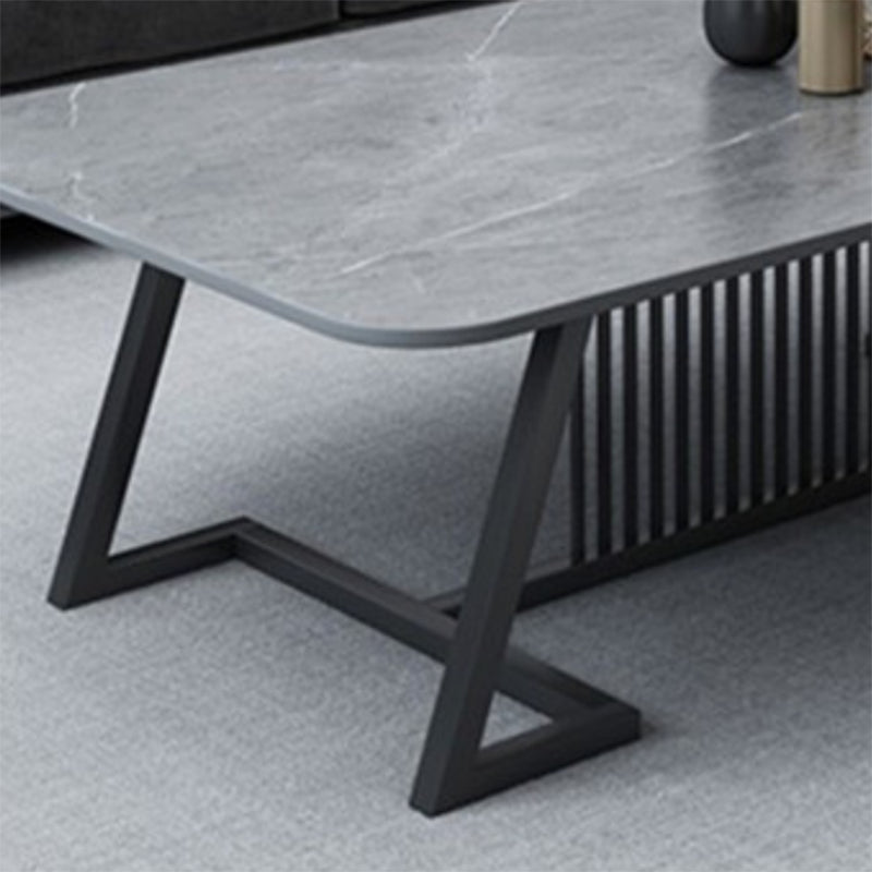 Rectangle Stone Top Coffee Table with Black Metal Trestle Base