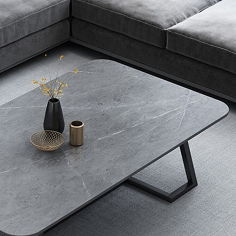 Rectangle Stone Top Coffee Table with Black Metal Trestle Base
