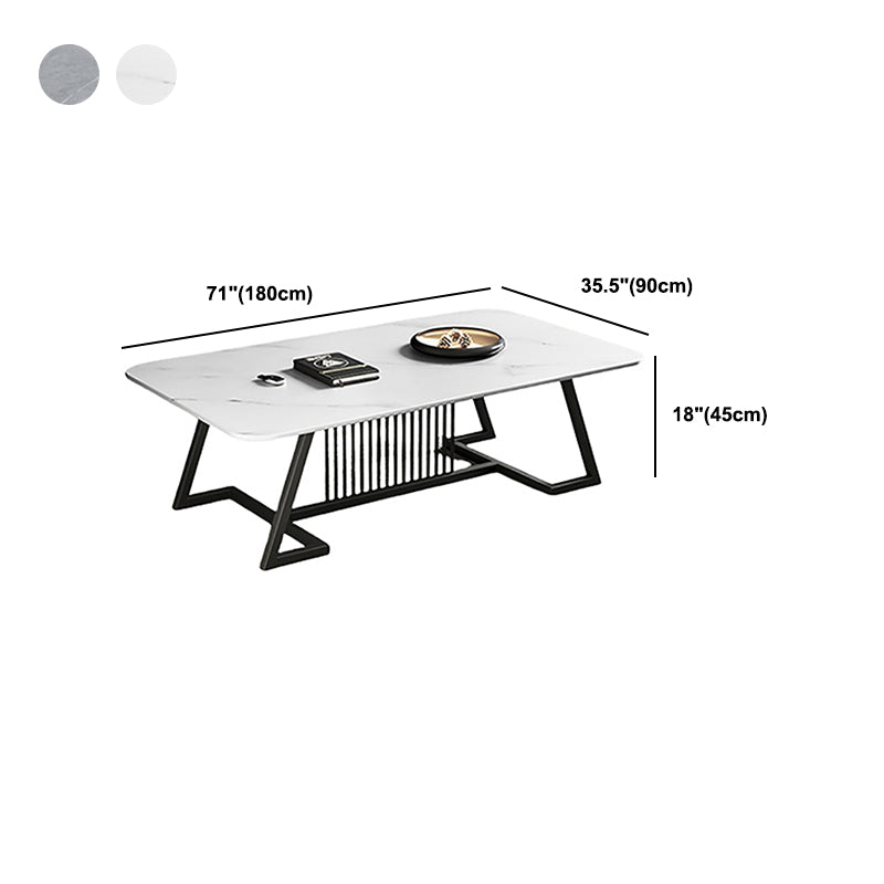 Rectangle Stone Top Coffee Table with Black Metal Trestle Base