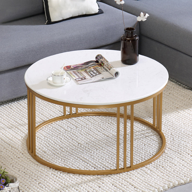 Glam Style White Round Coffee Table with Marble Top and Iron Frame Base