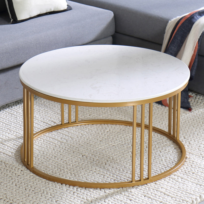 Glam Style White Round Coffee Table with Marble Top and Iron Frame Base