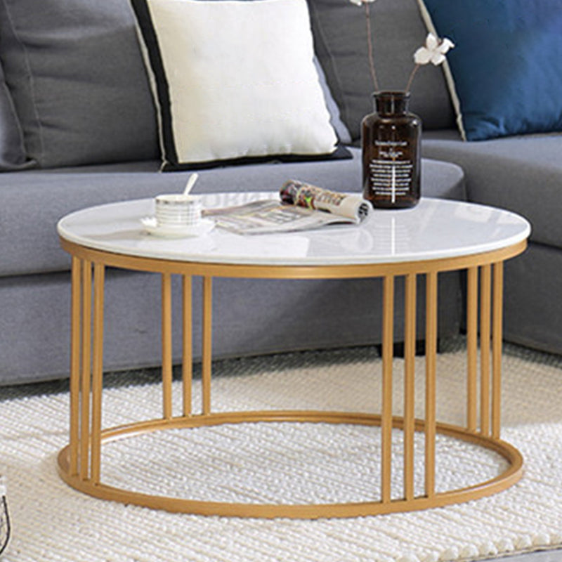 Glam Style White Round Coffee Table with Marble Top and Iron Frame Base
