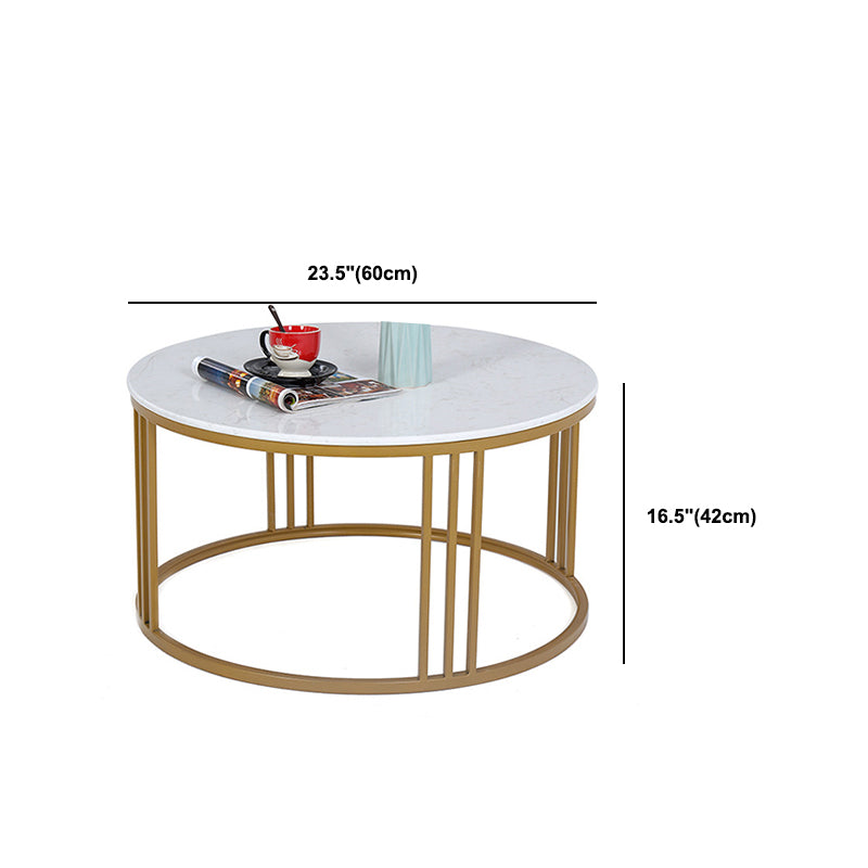 Glam Style White Round Coffee Table with Marble Top and Iron Frame Base