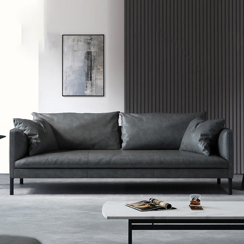Gray/Green Leather Stationary Sofa 3-seat Tuxedo Arm Sofa with Pillows