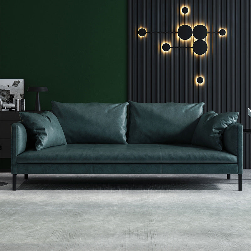 Gray/Green Leather Stationary Sofa 3-seat Tuxedo Arm Sofa with Pillows