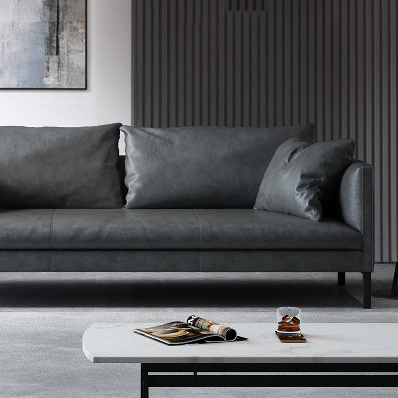 Gray/Green Leather Stationary Sofa 3-seat Tuxedo Arm Sofa with Pillows
