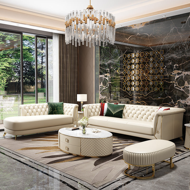 Contemporary Tufted Back Chesterfield Settee Genuine Leather Rolled Arm Sofa