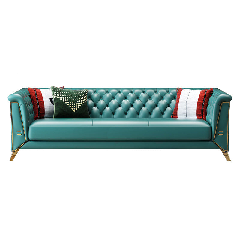 Contemporary Tufted Back Chesterfield Settee Genuine Leather Rolled Arm Sofa