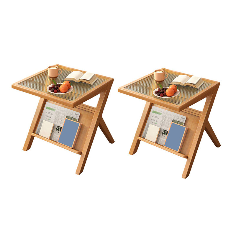 Modernistic Solid Wood X-base End Slide Table Geometric Glass Top End Table