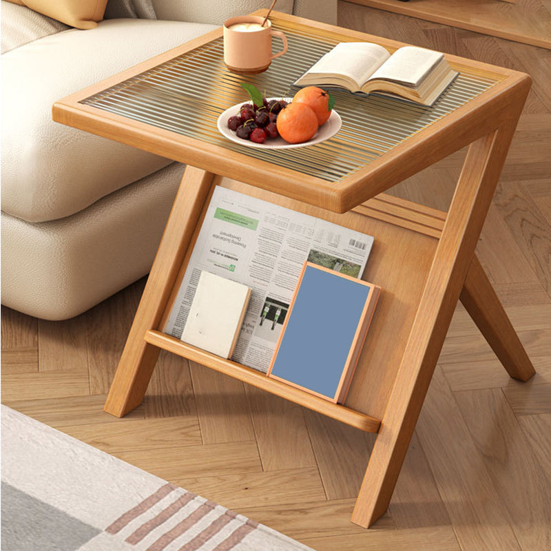 Modernistic Solid Wood X-base End Slide Table Geometric Glass Top End Table