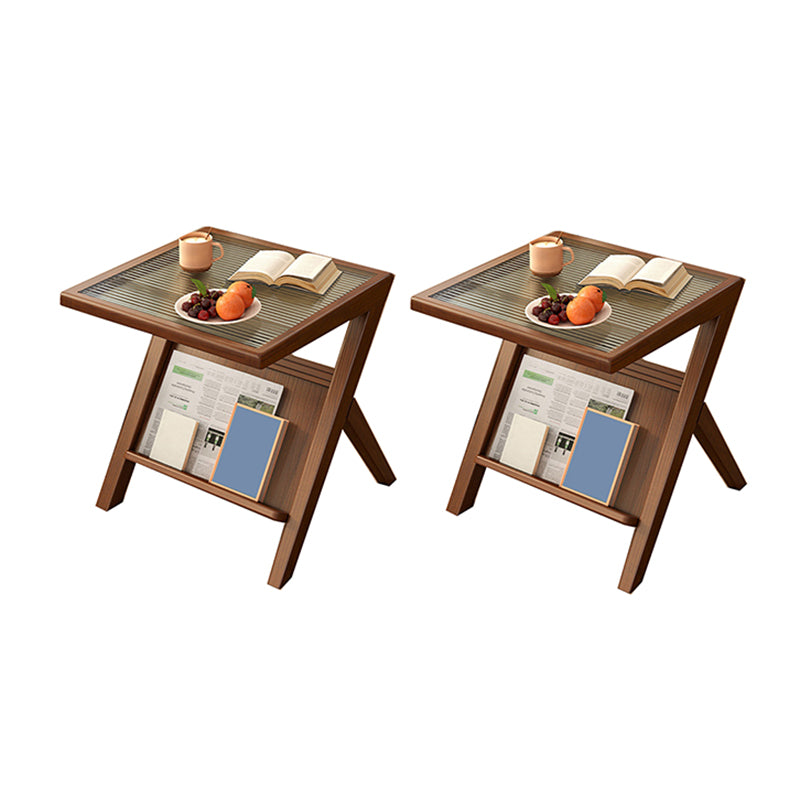 Modernistic Solid Wood X-base End Slide Table Geometric Glass Top End Table