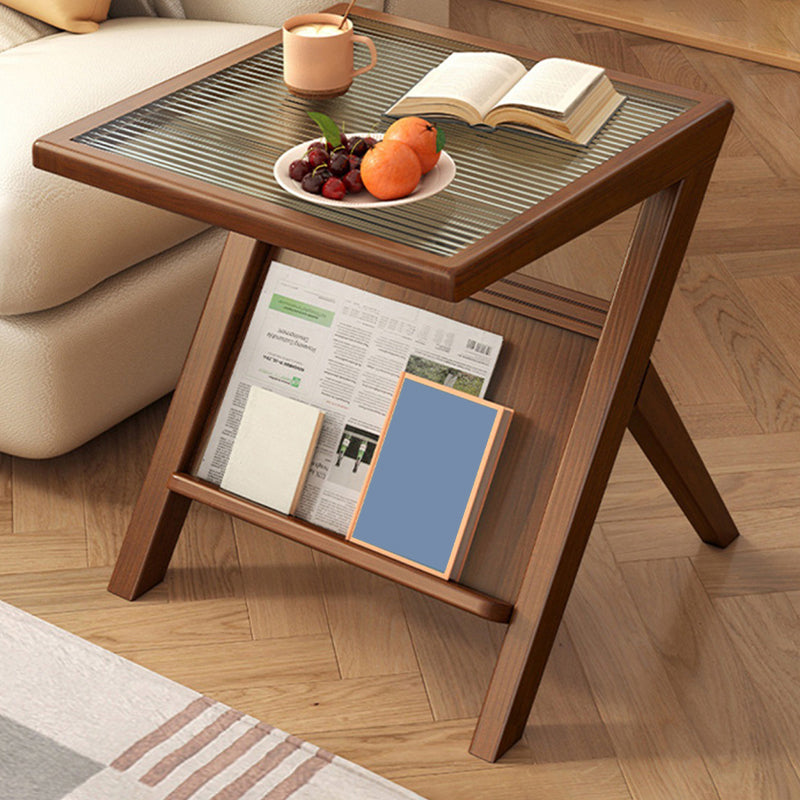 Modernistic Solid Wood X-base End Slide Table Geometric Glass Top End Table