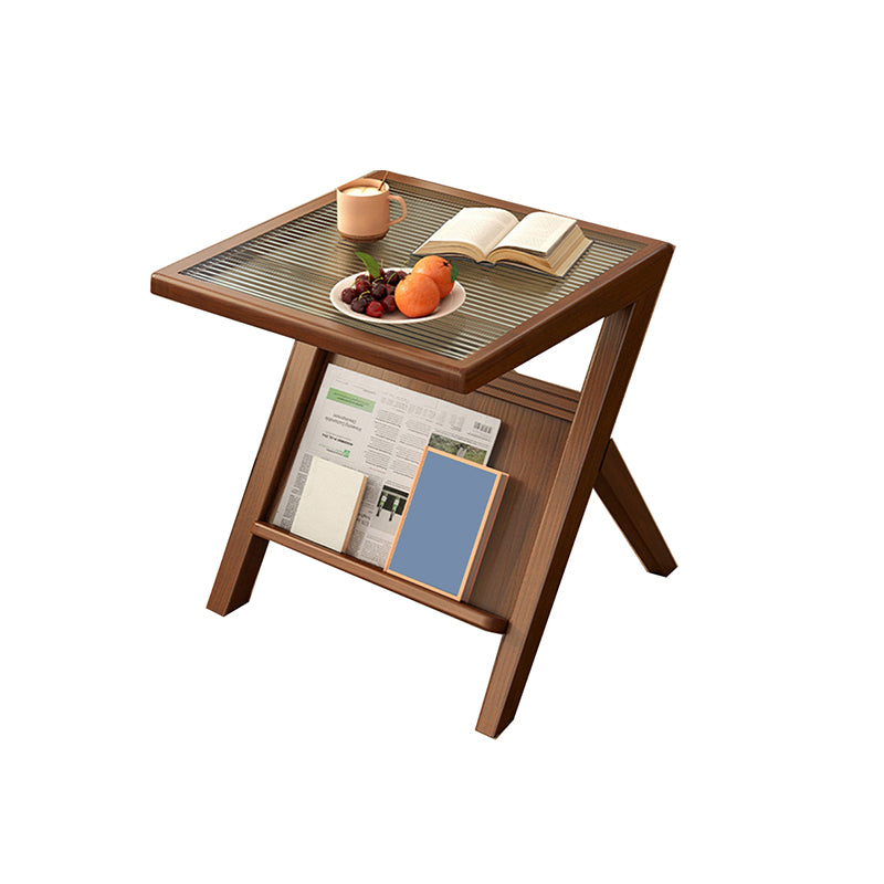 Modernistic Solid Wood X-base End Slide Table Geometric Glass Top End Table