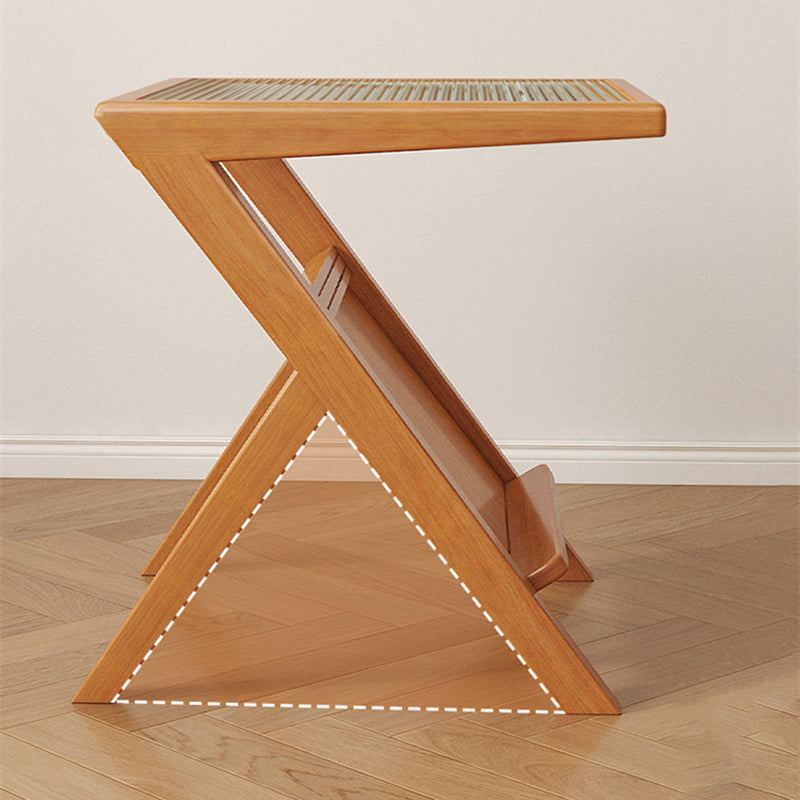 Modernistic Solid Wood X-base End Slide Table Geometric Glass Top End Table
