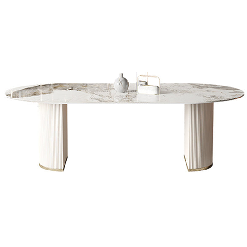 Modern Double Pedestal Table Oval Dining Table with Steel Base