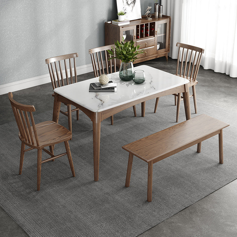 Mid-Century Modern Dining Table Stone Top Table with 4 Wood Legs