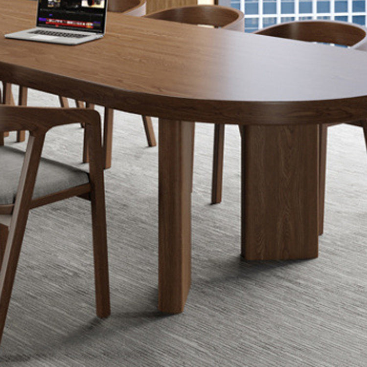Solid Wood Top Dining Table Modern Oval Table with 4 Legs in Brown