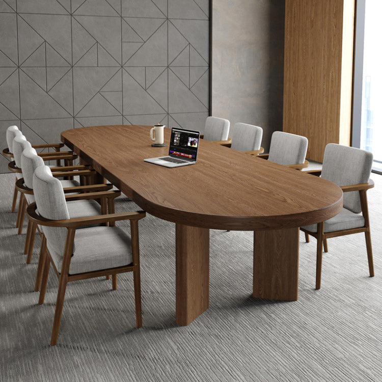 Solid Wood Top Dining Table Modern Oval Table with 4 Legs in Brown