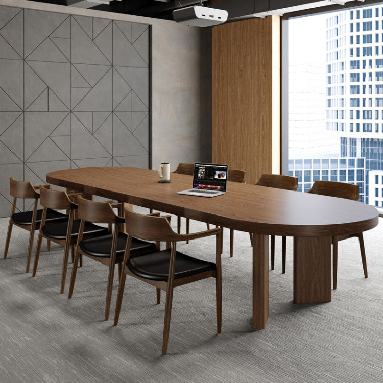 Solid Wood Top Dining Table Modern Oval Table with 4 Legs in Brown