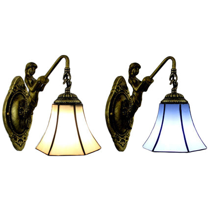 Flared Wall Light Fixture Tiffany Blue/Beige Glass 1 Head Antique Bronze Sconce Lighting