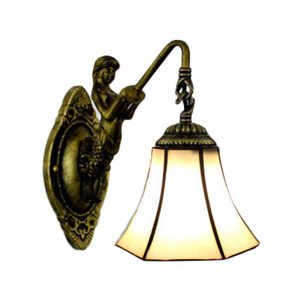 Flared Wall Light Fixture Tiffany Blue/Beige Glass 1 Head Antique Bronze Sconce Lighting