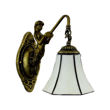 Flared Wall Light Fixture Tiffany Blue/Beige Glass 1 Head Antique Bronze Sconce Lighting