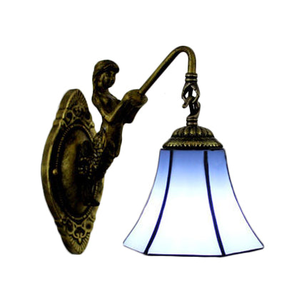 Flared Wall Light Fixture Tiffany Blue/Beige Glass 1 Head Antique Bronze Sconce Lighting