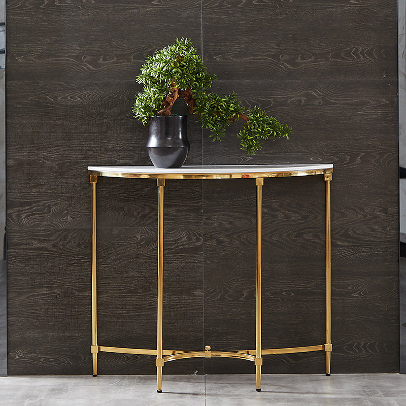 Glam Console Accent Table Antique Finish Half Moon Sofa Console Table in Marble
