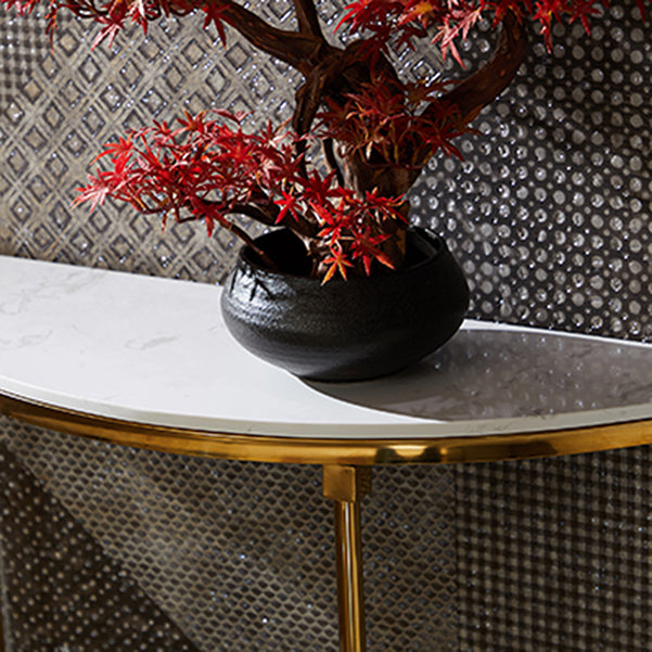 Glam Console Accent Table Antique Finish Half Moon Sofa Console Table in Marble