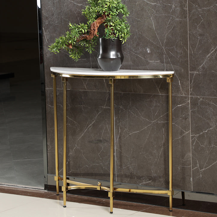 Glam Console Accent Table Antique Finish Half Moon Sofa Console Table in Marble