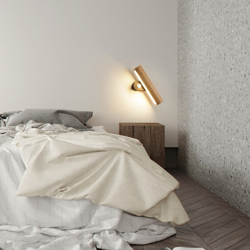 Japanese Style Wooden Wall Light Cylinder Shape Rotatable Wall Lamp for Living Room
