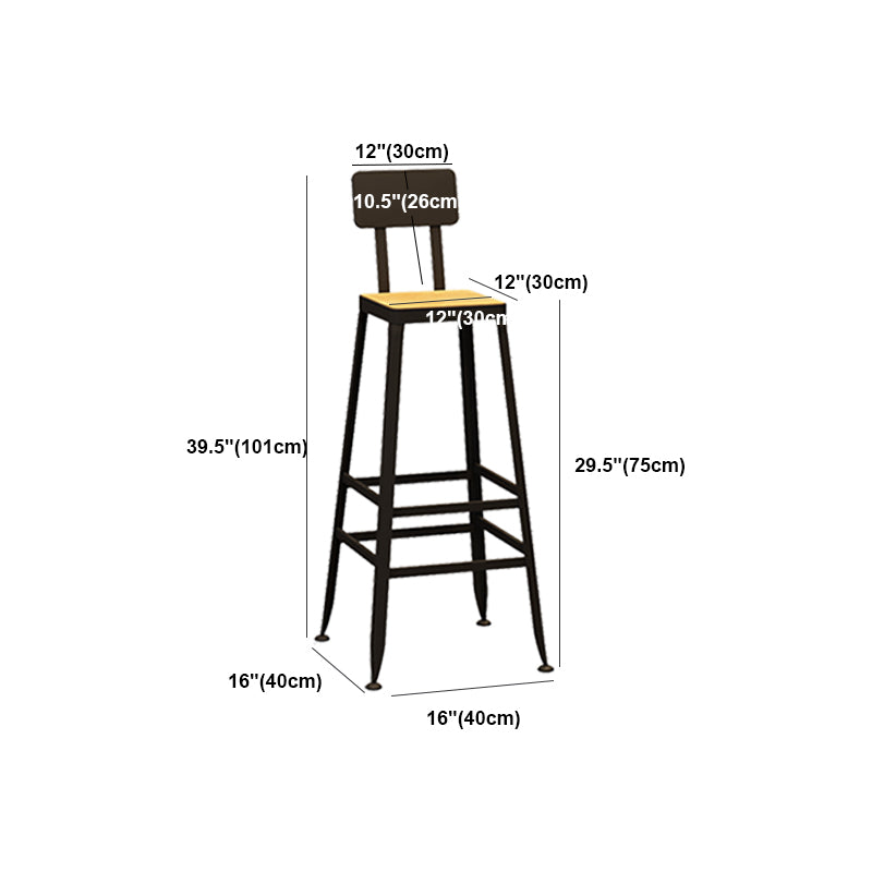 Industrial Indoor Bar & Counter Stool Square Footrest Backrest Black Metal Counter Stool