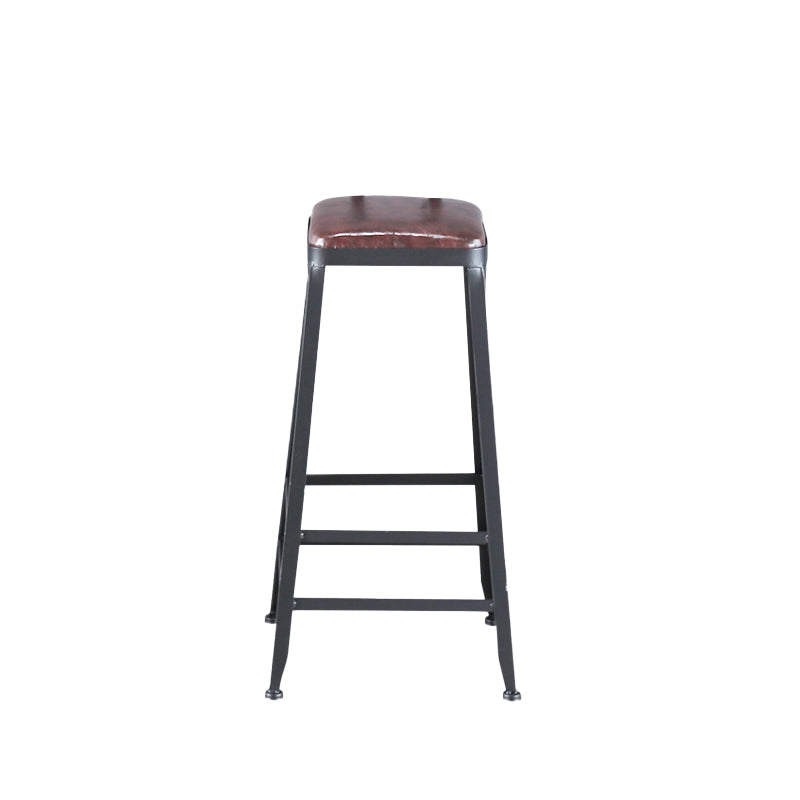 Industrial Armless Counter Stool Iron Bar Stool with Pedal and Leather Cushion