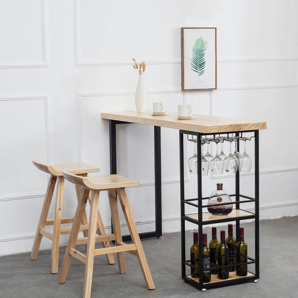 Natural Rectangle Bar Dining Table Pedestal Solid Wood Bar Height Table with Shelves