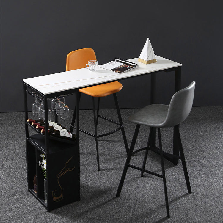 Industrial Rectangle Pub Table White Sintered Stone Bar Height Cocktail Table with Shelves
