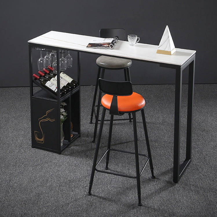 Industrial Rectangle Pub Table White Sintered Stone Bar Height Cocktail Table with Shelves