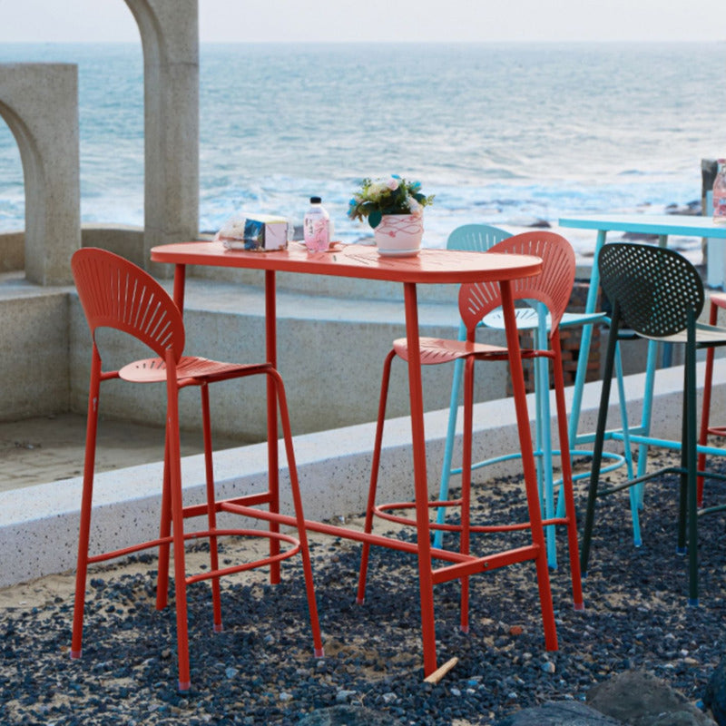 Industrial Outdoor Oval Bar Dining Table Metal Bar Table with Trestle Base