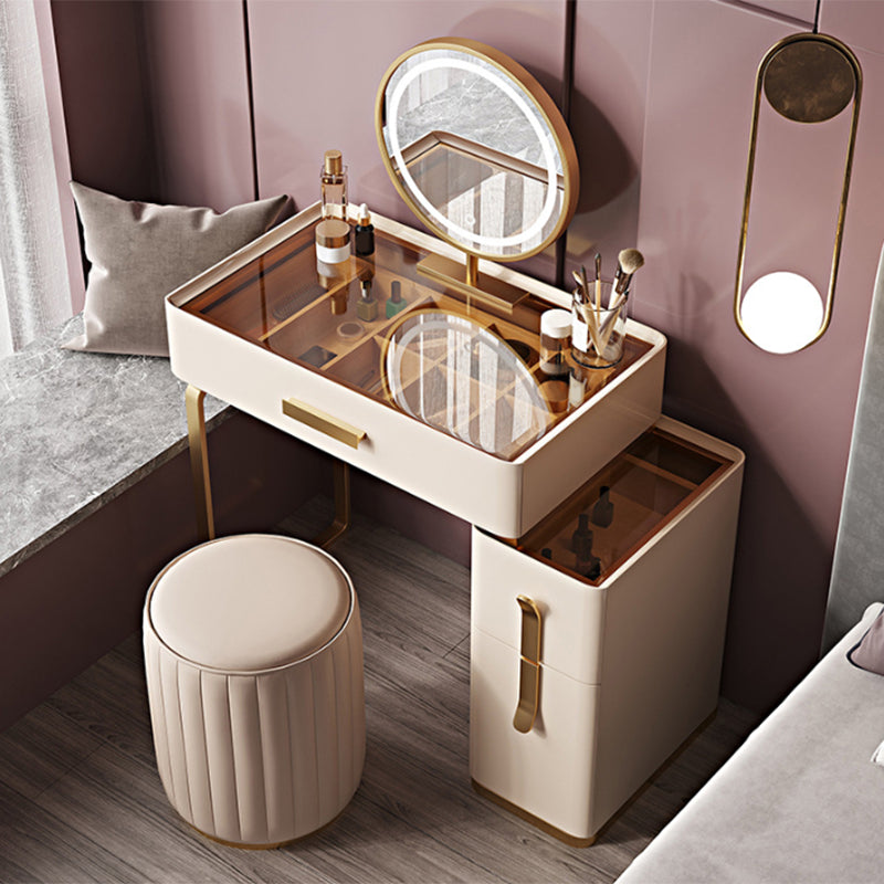 Glam Brown Glass Top Vanity Table 25.6" W 3 Drawers Dressing Table with Mirror & Stool