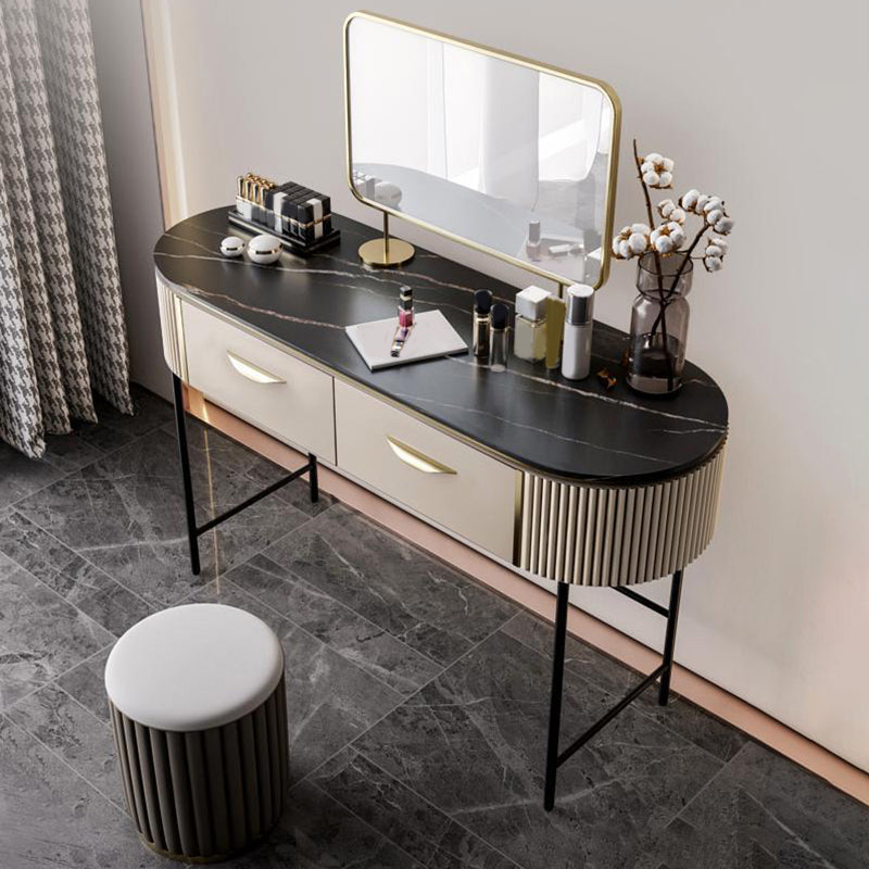 2 Storage Drawers Dresser with Mirror & Padded Stool Contemporary Stone Top Vanity