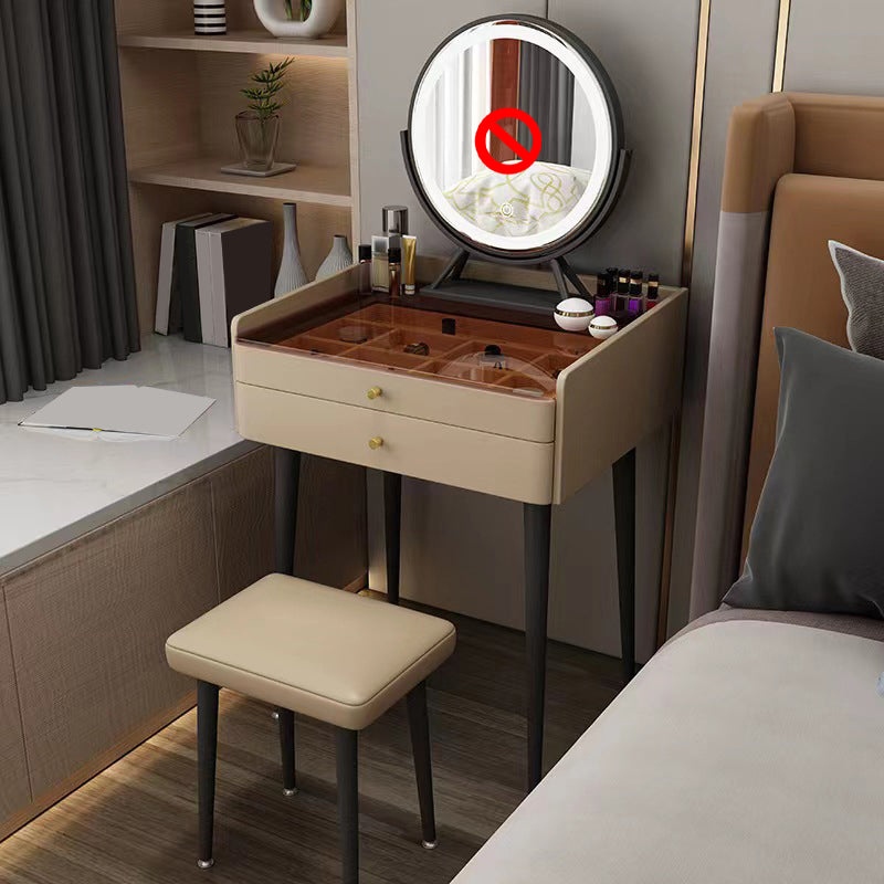 2 Storage Drawers Vanity Set Glass Top Jewelry Dressing Table with Padded Stool