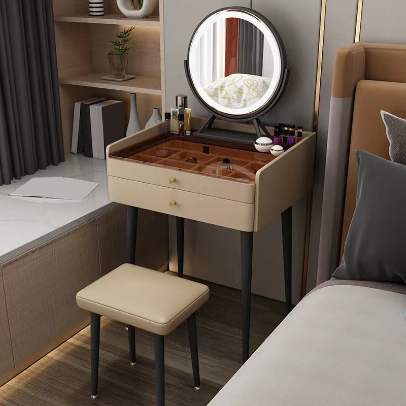 2 Storage Drawers Vanity Set Glass Top Jewelry Dressing Table with Padded Stool