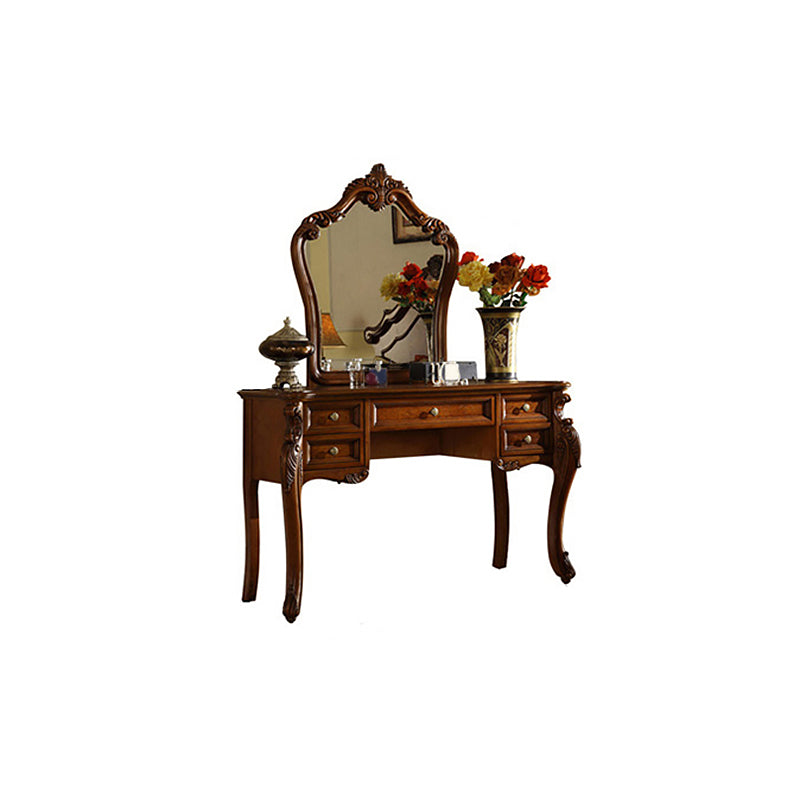 5-Drawer Solid Wood Vanity Makeup Dressing Table with Mirror & Stool in Brown