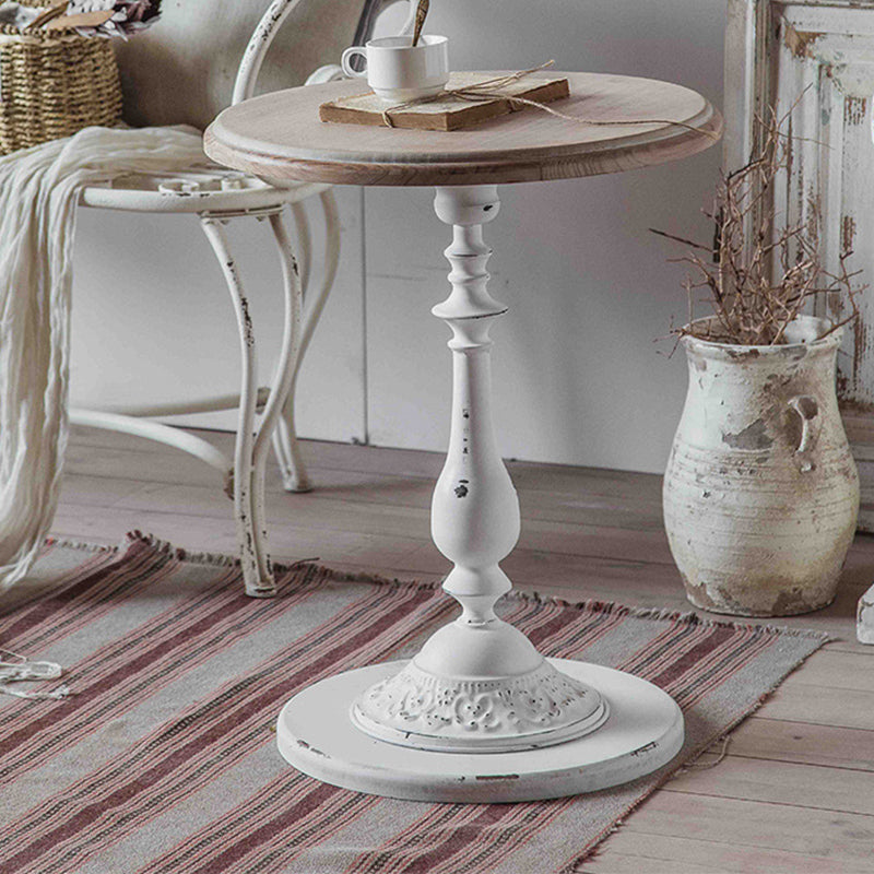 French Country Solid Wood Round Metal Pedestal Single Coffee Table