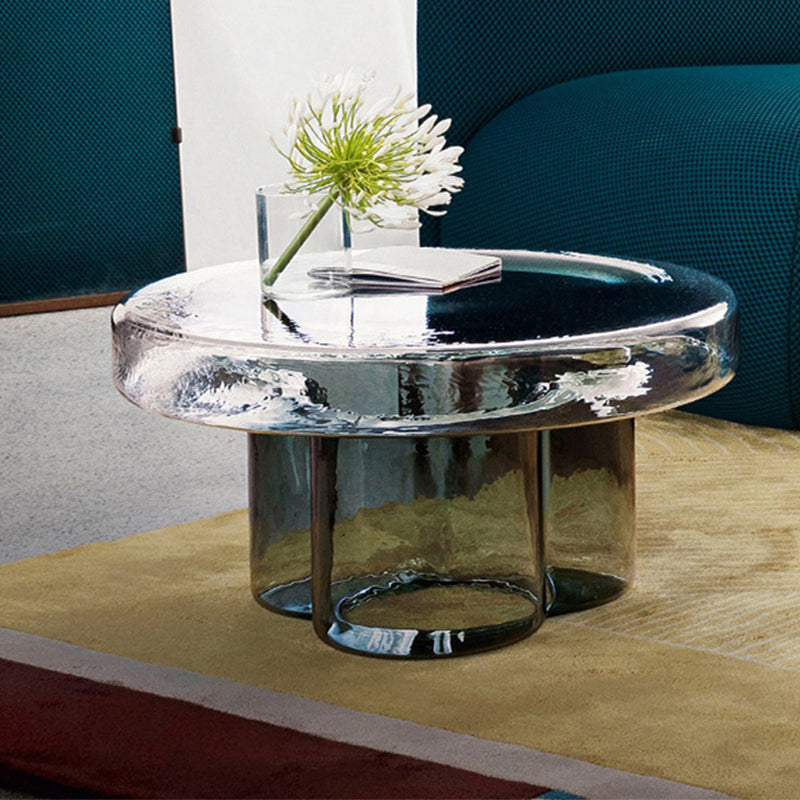 Modern Glass Coffee Table with Round Top and One Foot for Living Room