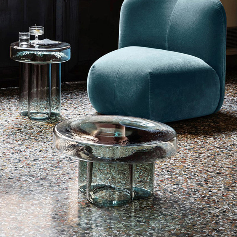 Modern Glass Coffee Table with Round Top and One Foot for Living Room