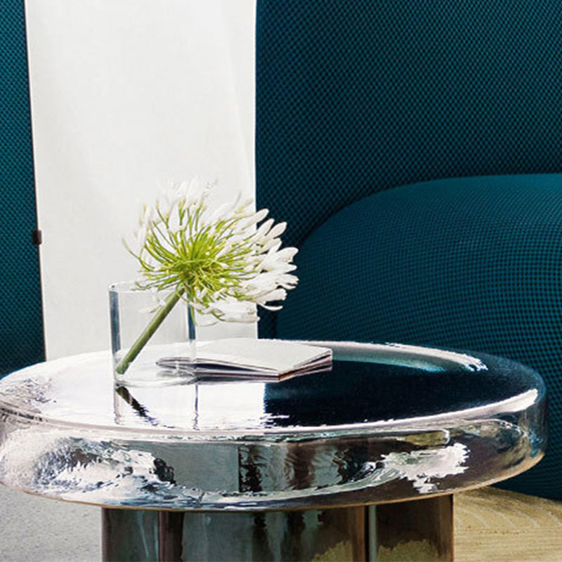 Modern Glass Coffee Table with Round Top and One Foot for Living Room
